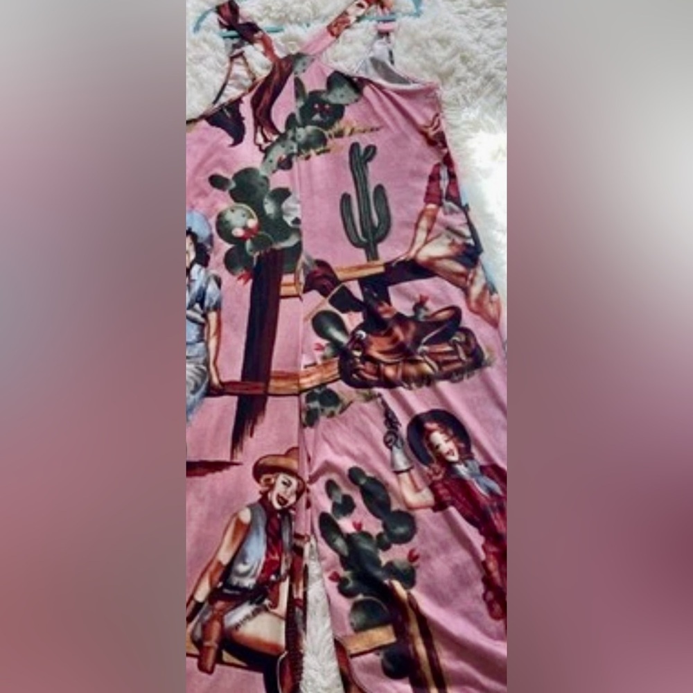 Western Cowgirl Cactus Print Racerback Jumpsuit Whimsical Y2K Festival XS Romper - Picture 5 of 9